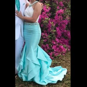 Blue/turquoise 2 piece long prom dress